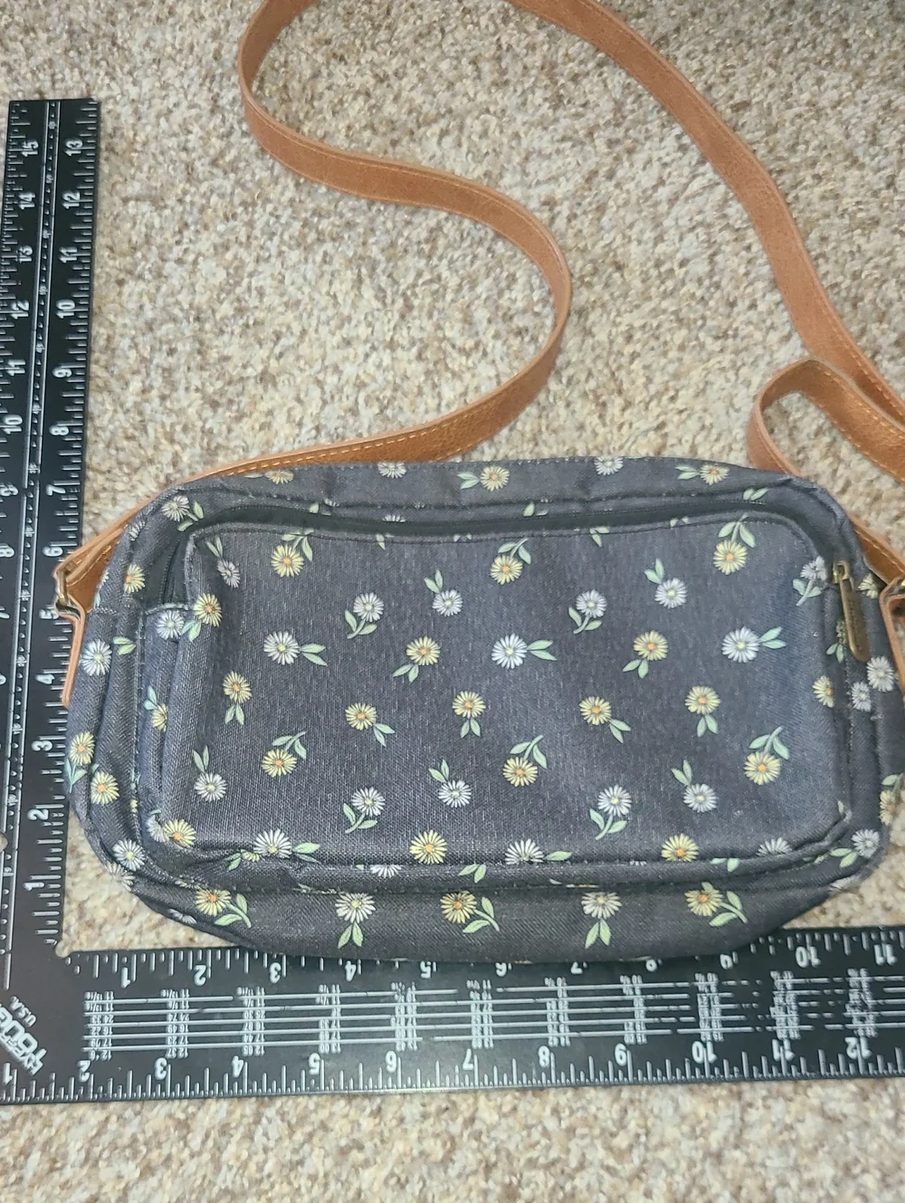 thirty-one Charcoal Floral Crossbody with Tan Strap